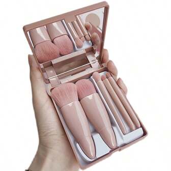 5pcs Portable Mini Makeup Brush Set With Mirror,Portable Mini Makeup Brush Set, Professional Beauty Tools, Soft Fiber Hair & Eye Shadow Brushes, Plastic, With Mirror, For Use Without Electricity, Featherless