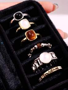 6pcs/Set Vintage Elegant Colorful Gemstone & Rhinestone Inlaid Tiger Eye Stone Women's Ring Set, Holiday Jewelry