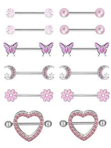 12 قطعة مجموعة خواتم ثدي من الفولاذ المقاوم للصدأ بتصميم زهرة الكريزانثيمم المتدلية، مرصعة بزركونيا 5A، مناسبة للاستخدام اليومي والحفلات والولائم