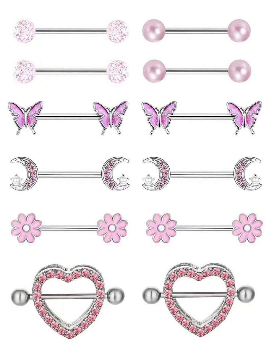 12 قطعة مجموعة خواتم ثدي من الفولاذ المقاوم للصدأ بتصميم زهرة الكريزانثيمم المتدلية، مرصعة بزركونيا 5A، مناسبة للاستخدام اليومي والحفلات والولائم