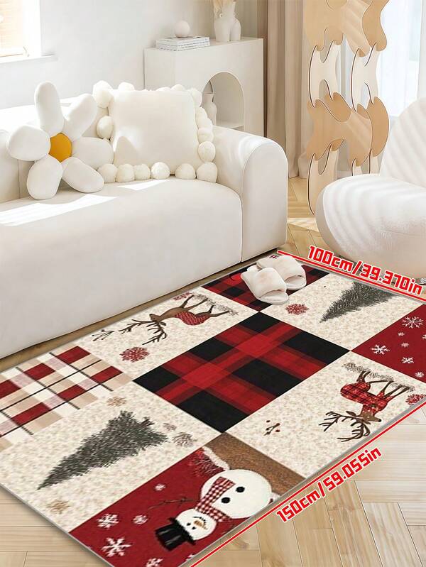 Large, Washable Christmas Cheer Rug - Featuring Holiday Tree, Snowman And Reindeer Designs - Ideal For Living Room, Bedroom, Dining Room And Outdoor Decor, Christmas Decoration