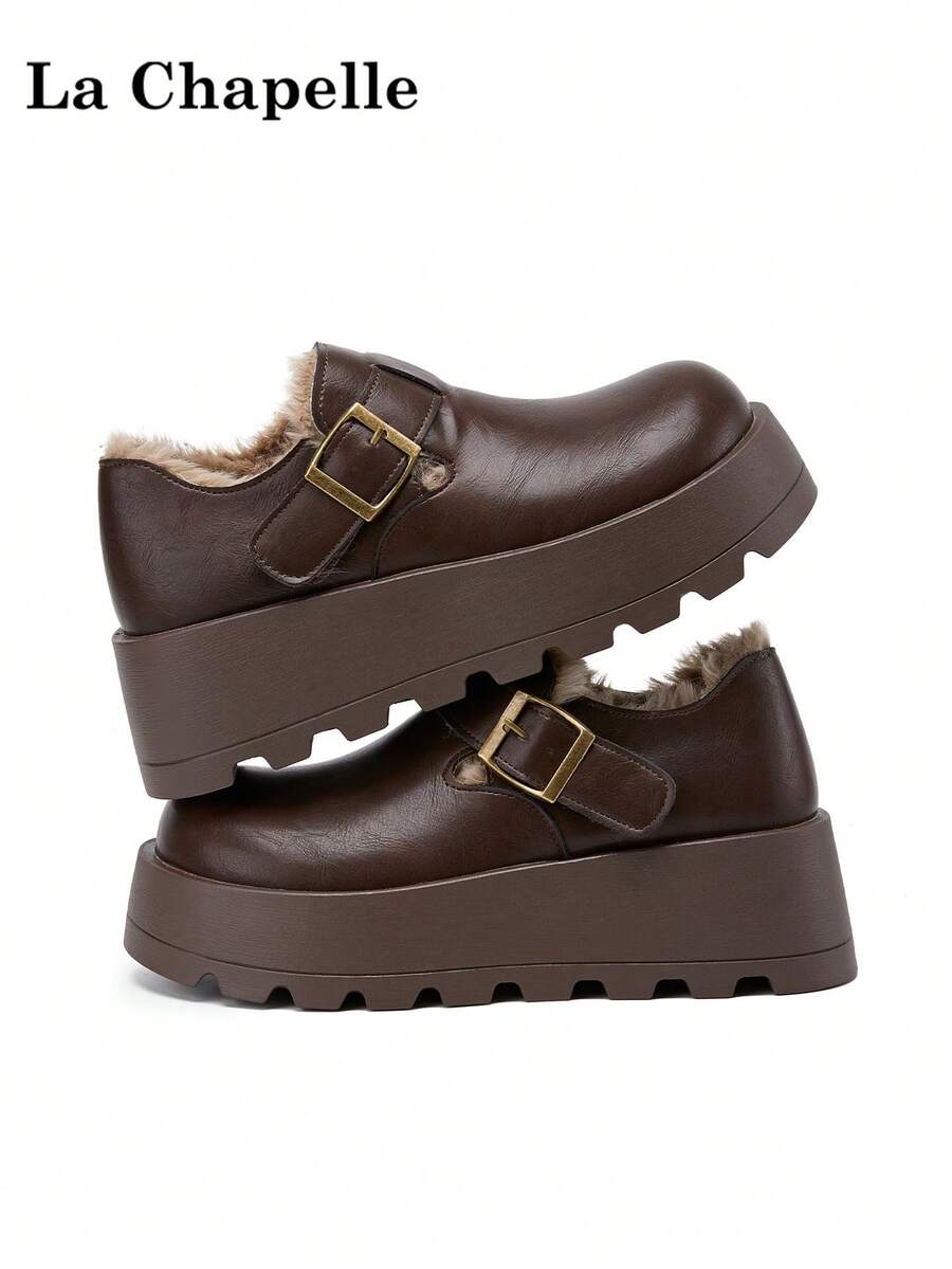 1 par de tênis casual feminino La Chapelle com fivela e cadarço, cano baixo, calçados baixos para atividades ao ar livre, bico redondo, salto baixo, cor sólida, elegante, calçados de caminhada, adequados para fotos de formatura de estudantes, tênis femininos de cano baixo, botas de neve