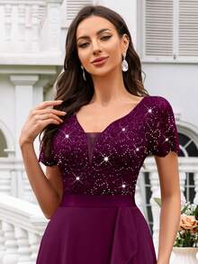 MIUSOL Đầm maxi dạ hội bằng chiffon phối ren đính sequin, cổ chữ V sâu, phối màu nổi bật, thích hợp cho khách dự đám cưới, lễ tốt nghiệp, tiệc gala và các dịp khác. - Màu Tím - Xem 10