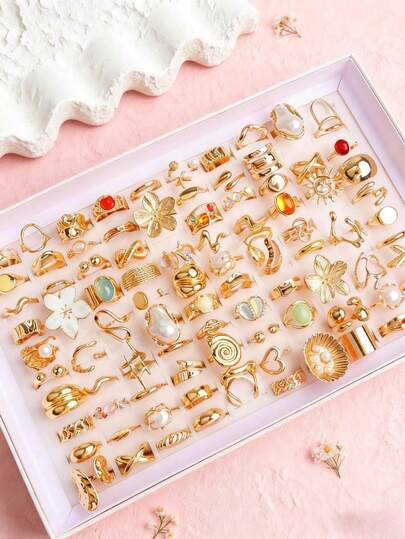6/8/14/20pcs Set Minimalist Cute Chic Flower Rings, Asymmetrical Multi-Element Fashion Jewelry, Party/Birthday Gift, Daily Accessory