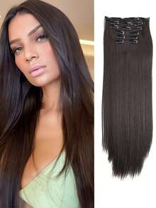 6 件/套 16 夹接发黑色长直发自然渐变假发耐热纤维女士发型 - 棕色 - 查看 2