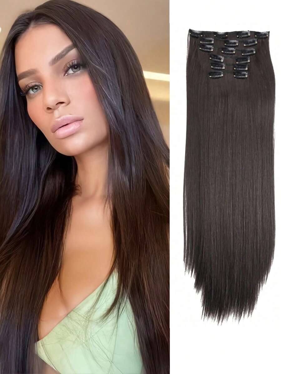 6 件/套 16 夹接发黑色长直发自然渐变假发耐热纤维女士发型