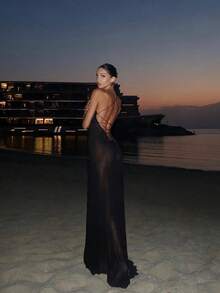 Basrey Nouvelle robe de cocktail élégante sans manches à col en V et dos ajouré noire/robe de soirée/robe sirène, convient pour les dîners de gala, les vacances à la plage et autres occasions de mariage au printemps - Noir - Voir 3