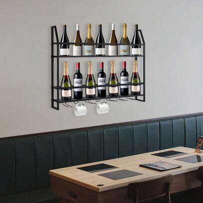 GDAE10 Portabottiglie da parete, scaffale industriale in metallo, portabottiglie, portabottiglie industriale, scaffale da cucina, scaffale multifunzionale, scaffale portaoggetti da bar con ganci, scaffale per ristorante, bar, caffetteria