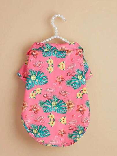 Hawaiian Style Dog Shirt With Pineapple, Flamingo, Palm Leaf And Coconut Prints, In Blue, Yellow, Pink, Suitable For Large Dogs Like Golden Retriever, Husky In Summer