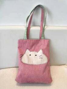 1 PIEZA Nuevo bolso de mano estilo retro rosa para mujer - Diseño lindo de gato de dibujos animados y rayas, cierre con cremallera, uso diario y para ir al trabajo, bolso versátil, estética juguetona, accesorio elegante, adultos, bolso ligero, bolso minimalista, construcción resistente, bolso de mujer, moda femenina