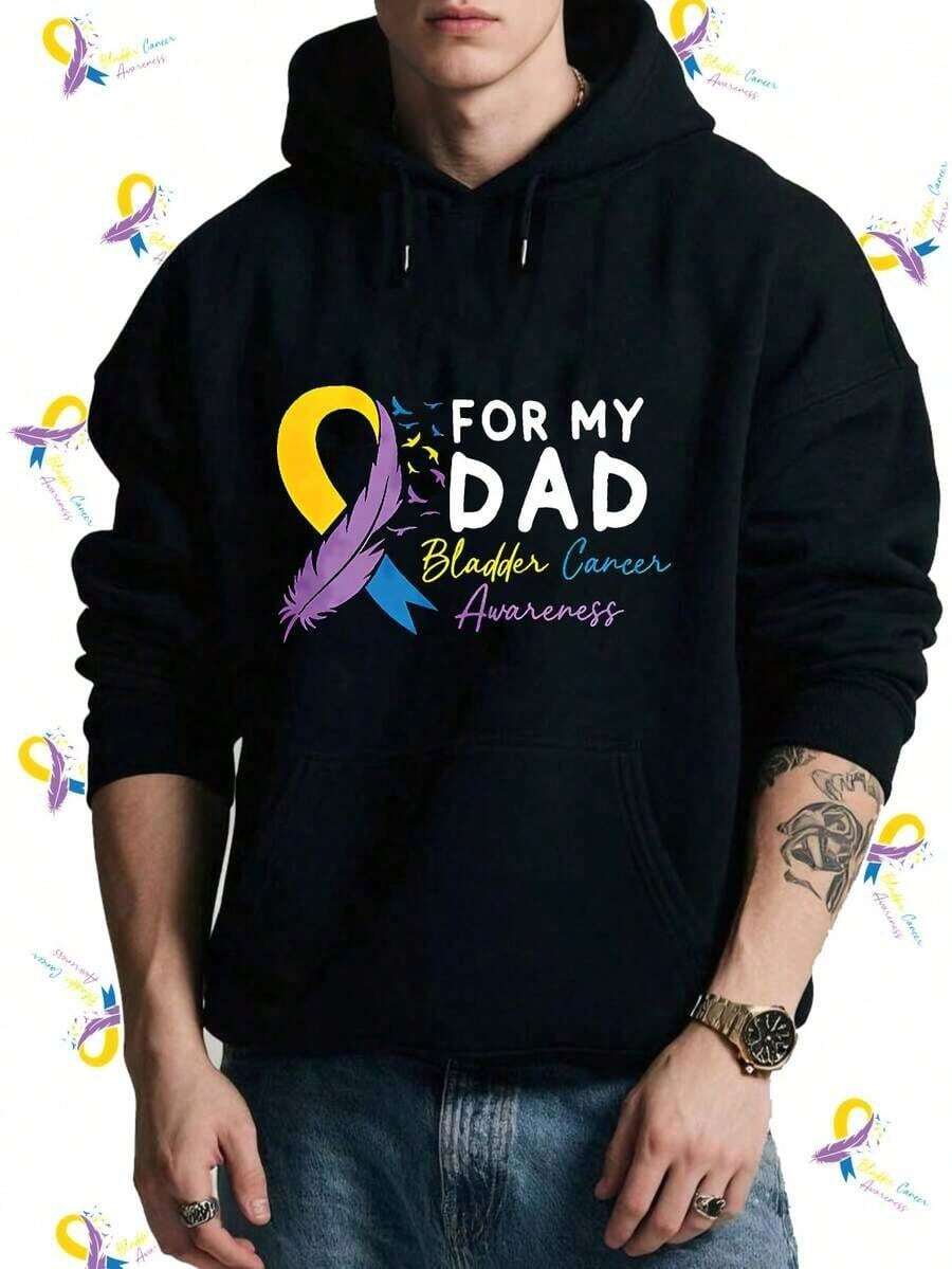 Bladder Cancer Awareness Dad Hoodie, Bladder Cancer Ribbon Hooded, Cancer Warrior Hoodies, Blue Yellow Purple Hooded, Family Cancer Support.,Fall Hoodies,Men's Fall Clothes,Street Wear,Halloween,Mens Hoodies,Y2k Clothes,Jesus Hoodie,Thanksgiving Day,Nightmare Before Christmas,Christmas - 黑色 - 查看 1