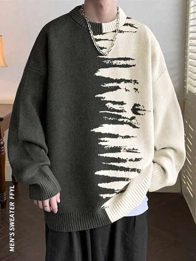 Men's Vintage Loose Fit High Street Zebra Striped Knit Sweater, Suitable For Autumn And Winter