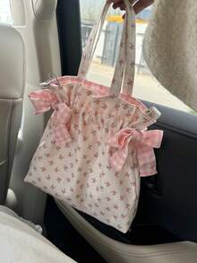 简约甜美单肩包大容量印花托特包时尚甜美系蝴蝶结收纳手提包帆布腋下包女 - 彩色 - 查看 7