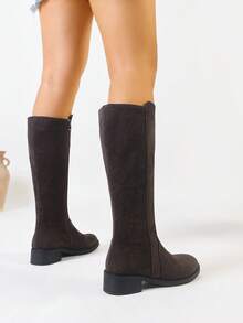 2025 Botas Femininas de Cano Longo com Salto Tratorado e Bico Redondo, Última de Outono/Inverno, Com Zíper Lateral, Casual, Confortável, Sexy, Versátil, Elegante, Cor Sólida, Camurça, Haste Reta, Adequadas para Festa, Dança, Festival de Música, Viagem ao Ar Livre, Transporte