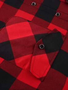 1 件格子衬里连帽休闲商务纽扣长袖衬衫，冬季男士保暖 - 紅色 - 查看 6