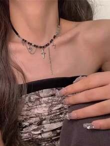 1pc Rivet, Crystal Beaded, Geometric Pendant Tassel Punk Stainless Steel Multicolor Necklace, Suitable For Women, Dance, Music Festival, Party, Daily Outfit Accessory