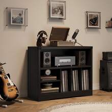 Record Player Stand With Vinyl Storage Cabinet, Wood Turntable Table With Open Shelf, Storage Organizer For Living Room, Office - Black - View 4