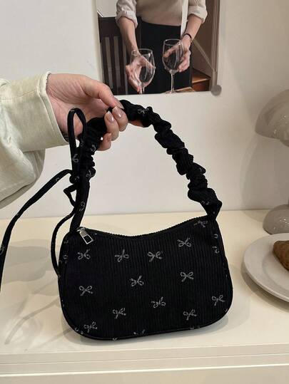1 pieza Bolso de hombro minimalista de unicolor, de uso diario para mujeres, con diseño de cordón y lazo, de tela de pana negra con cremallera suave, de moda y versátil, nuevo para otoño/invierno