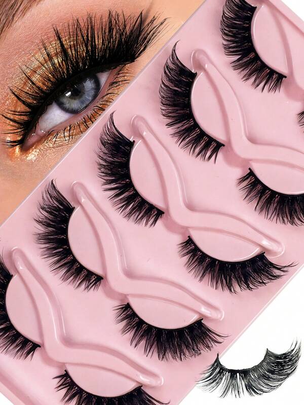 Hinarin 5 Paar lange Katzenaugen-Wimpern, natürliches Aussehen, 3D-Kunstmink-Wimpern, Urlaubsgeschenk für ein charmantes Make-up mit schlanken, verlängerten und dicken, dramatischen wiederverwendbaren Wimpernstreifen