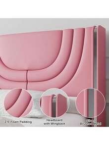 Modern LED Upholstered Bed Frame With Wooden Headboard – Soft PU Leather & Platform Design, Easy Assembly, Perfect For Bedroom,  Twin Bed Frame/ Full Bed Frame/ Queen Bed Frame, Black/Pink/Beige (USB LED Strip) - 淺粉色 - 查看 3