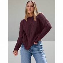 2025  Women's Oversized Cable Knit Crewneck Sweaters - Wine Red - View 2