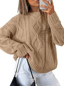 2025  Women's Oversized Cable Knit Crewneck Sweaters - 奶油 - 查看 6