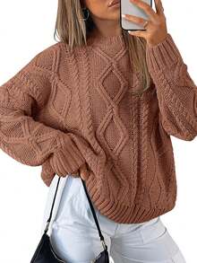 2025  Women's Oversized Cable Knit Crewneck Sweaters - Rose Pink - View 6