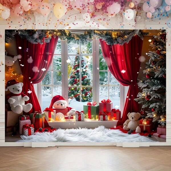 1 pezzo Tessuto decorativo natalizio in poliestere rosso con sfondo di orso, pupazzo di neve e albero, adatto per soggiorni, esterni, live streaming e cabine fotografiche, sfondi festivi, celebrazioni all'aperto