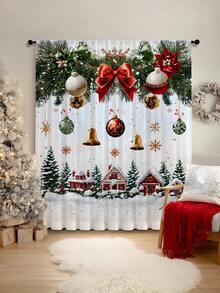 1 buc. Perdea transparentă de Crăciun cu fundă de fulg de zăpadă, material poliester, perdea vaporoasă cu flori aurii de Crăciun, baloane, crengi de pin, brad de Crăciun, potrivită pentru întâlniri de sărbători în sufragerie, petrecere de Crăciun, dormitor, decor de bucătărie, 100g/㎡ decorațiuni de Crăciun decorațiuni de Crăciun decorațiuni de Crăciun decor pentru cameră de acasă decor pentru casă