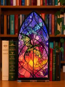 1件哥特式奇幻龙纹彩色反光彩绘玻璃风格教堂拱门透明彩绘板家居装饰点缀，适用于桌面、书架、卧室、客厅、窗户、万圣节派对展示 - 彩色 - 查看 3