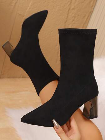 Damskie zamszowe botki z noskiem w szpic, na grubym obcasie, w stylu vintage, uniwersalne, odpowiednie na wiosnę, jesień i zimę