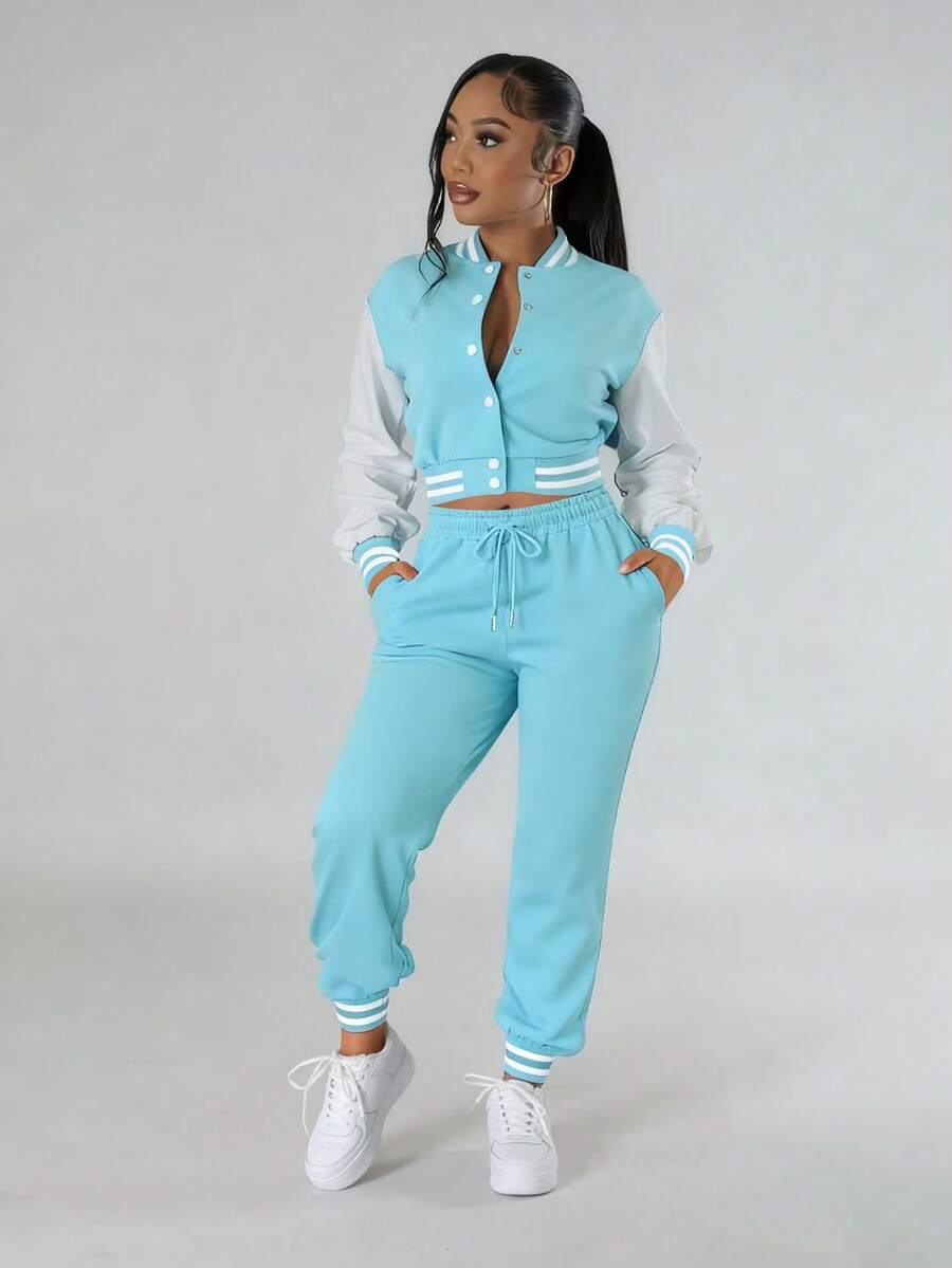 Women's Casual Color Block Single-Breasted Long Sleeve Jacket Top Paired With Drawstring Pocket Sweatpants Set, Spring/Autumn/Winter