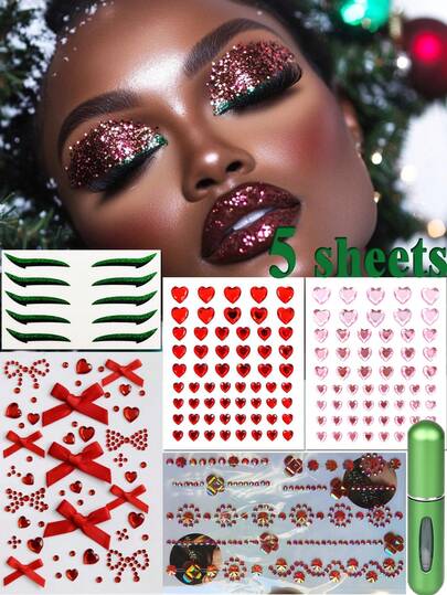 5 أوراق مجموعة ملصقات وجه وشعر مرصعة بالراين للكريسماس، ملصقات فراشة وزهرة حمراء للشعر، ملصقات قلب أحمر وخط عين أخضر، لاصقة ذاتية الالتصاق، وزجاجة عطر مجانية (لون عشوائي)، يمكن استخدامها لإنشاء مكياج عيد الميلاد، إكسسوارات الشعر، الحرف اليدوية، الديكورات DIY، مناسبة لعيد الميلاد، الحفلات، عيد الحب، الرقص، المواعدة، مهرجانات الموسيقى، ديكورات الكرنفال، الزي المسرحي