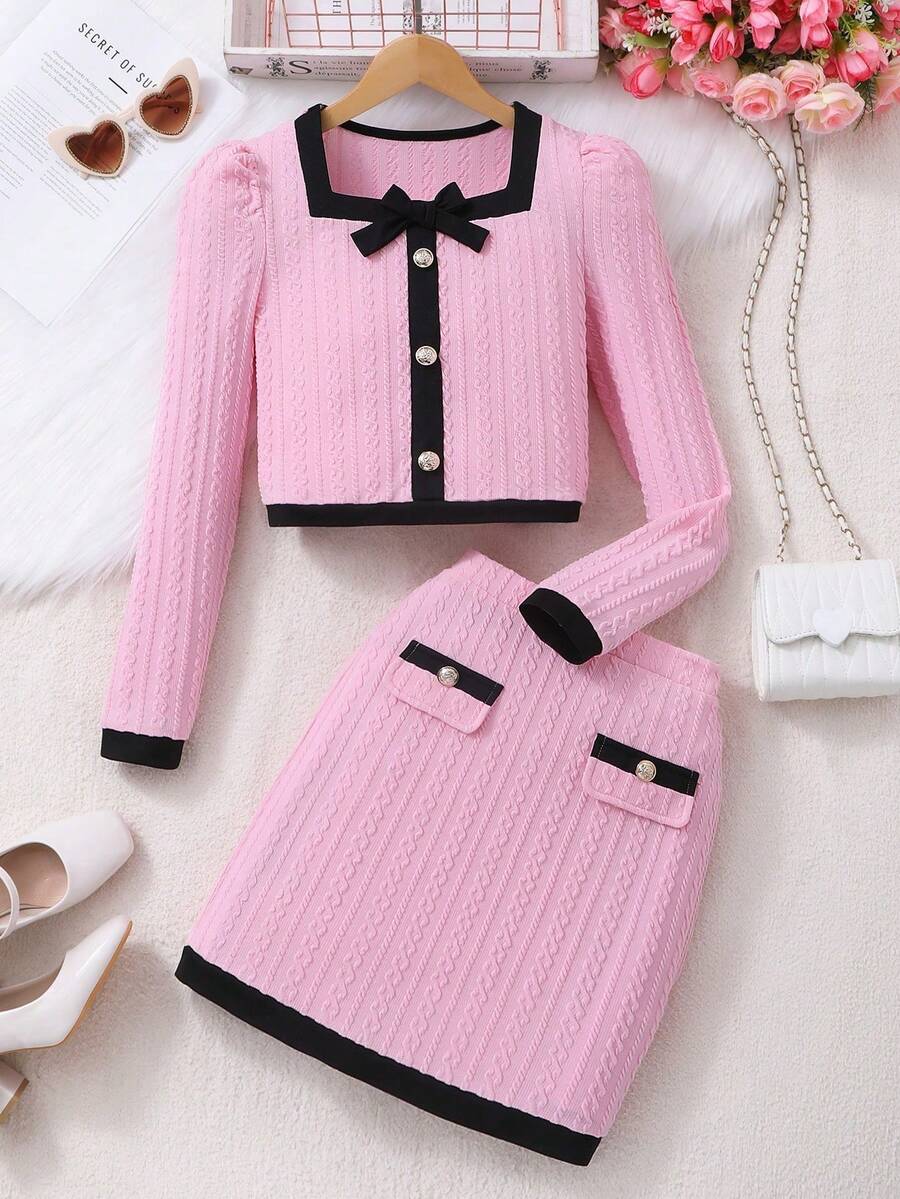 Spring & Autumn Elegant Bow Collar Long Sleeve Top & Skirt 2-Piece Set, Suitable For Casual Outings, Teens