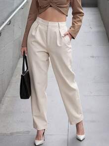 DONICY 女士纯色高腰直筒褶皱裤，柔软舒适，时尚百搭，优雅都市休闲裤，适合日常休闲、约会、派对、情人节、嘉年华、商务办公等场合。 - 杏色 - 查看 8