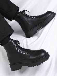 男士时尚侧拉链系带高帮踝靴，厚底，耐磨，复古摩托车靴，户外冬季 - 黑色 - 查看 2