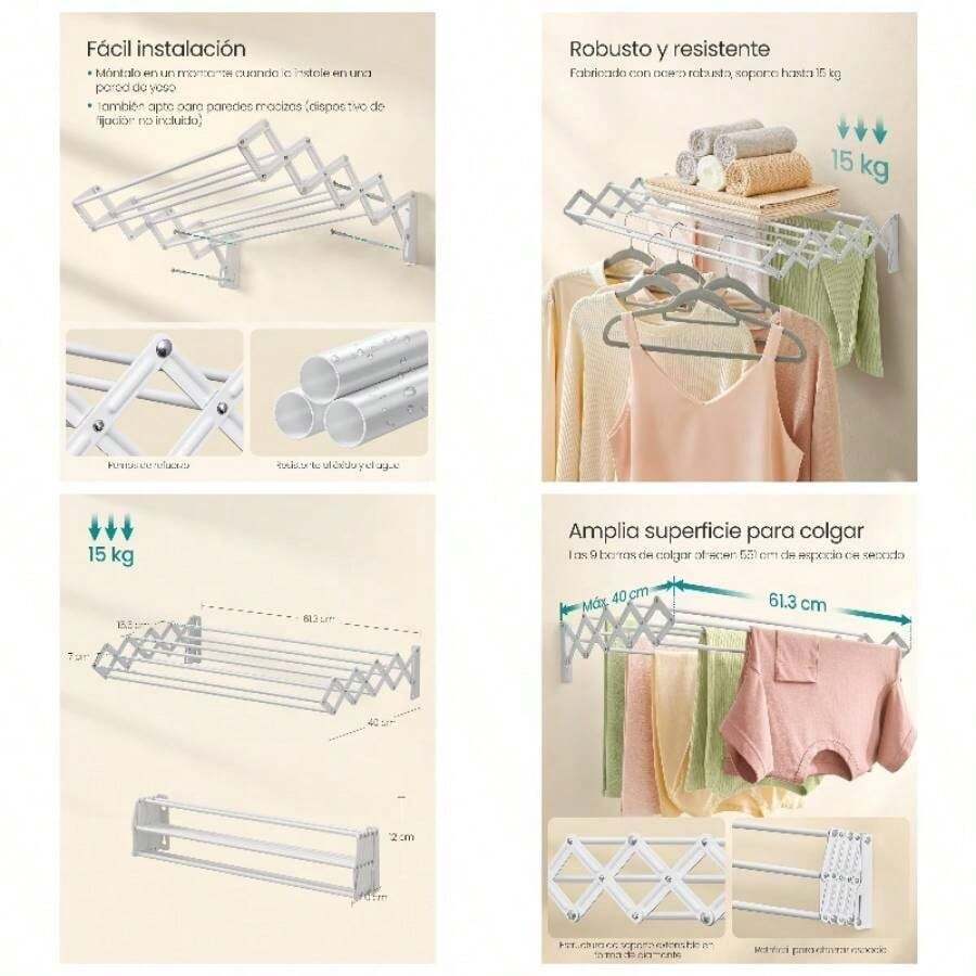 Secadora de Ropa, Tendedero de Pared, Tendedero Acorden, 9 Varillas Escalonadas, Extensible y Plegable, Acero, Negro Tinta MLLR802B01 - Blanco Nube + 61.3W cm - Ver 1