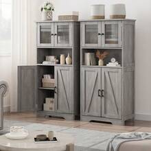 Tzou Freestanding Linen Storage Cabinet W/ Glass Doors & Adjustable Shelves - 50.4" Rustic Floor Cupboard For Bathroom, Kitchen, Living Room - Xám - Xem 3