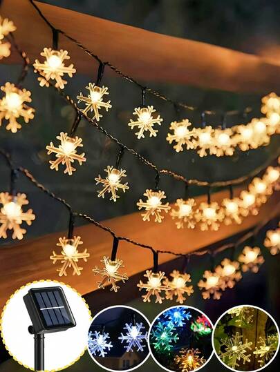 1 Set de Luces de Cadena con Forma de Copo de Nieve Solar, 8 Modos de Iluminación, Luces de Hadas Impermeables para Exteriores, 20/50/100 Cuentas LED, Adecuadas para Jardín Exterior, Patio, Camping, Fiesta, Boda, Árbol de Navidad, Decoración Navideña (Blanco Cálido/Blanco/Color)