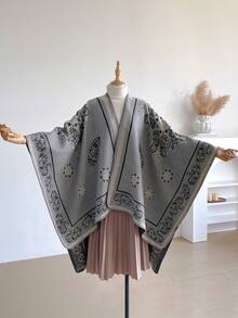 1pc Elegant Vintage Paisley Floral Jacquard Thick Warm Slit Shawl, Women's Bohemian Style Versatile Air Conditioning Shawl Blanket, Suitable For Autumn/Winter Outings, Travel, Photography, Keeping Warm