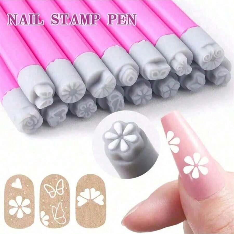4Pcs Nail Art Stamp Pen Set, Random Pattern Nail Transfer Stamp Printing, Nail Art Stamping Pen With Silicone Heads, Nail Salon & Artist Use - hồng - Xem 1