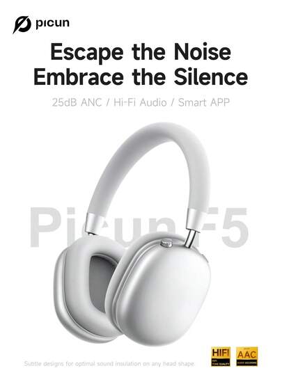 Picun F5 35dB ANC 50H Playtime Custom EQ, Protein-Leather Cushions, Silver, Over-Ear Wireless Headphones With 40mm Drivers Dual-Mic Noise Reduction Foldable Type-C Fast Charge 3.5mm Wired, Compatible With Iphone/Android/PC, Ideal For Travel & Work