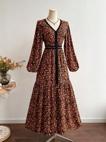 Rusttydustty Robe noire et rouge à manches longues et col en V imprimé vintage, robe de cocktail élégante bohème d'automne pour le thé et les vacances de printemps - Noir - Voir 5