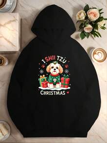 Sudadera De Navidad Para Mujer - Lindo Suéter De Perro Shih Tzu Con Texto "I SHU TZU CHRISTMAS" - Sudadera De Color Gris Para Fiestas, Con Bolsillo Delantero - Cálida Sudadera De Invierno Para Regalo De Amantes De Mascotas - Atuendo Casual De Fiestas, Ropa De Perro Festiva, Diseño De Fiestas Divertido, Tejido Cómodo - Oscuro - Ver 1
