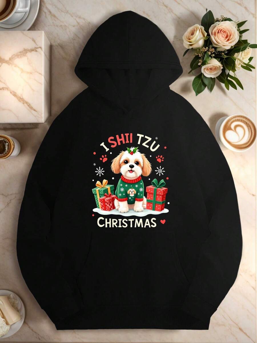 Sudadera De Navidad Para Mujer - Lindo Suéter De Perro Shih Tzu Con Texto "I SHU TZU CHRISTMAS" - Sudadera De Color Gris Para Fiestas, Con Bolsillo Delantero - Cálida Sudadera De Invierno Para Regalo De Amantes De Mascotas - Atuendo Casual De Fiestas, Ropa De Perro Festiva, Diseño De Fiestas Divertido, Tejido Cómodo - Oscuro - Ver 1