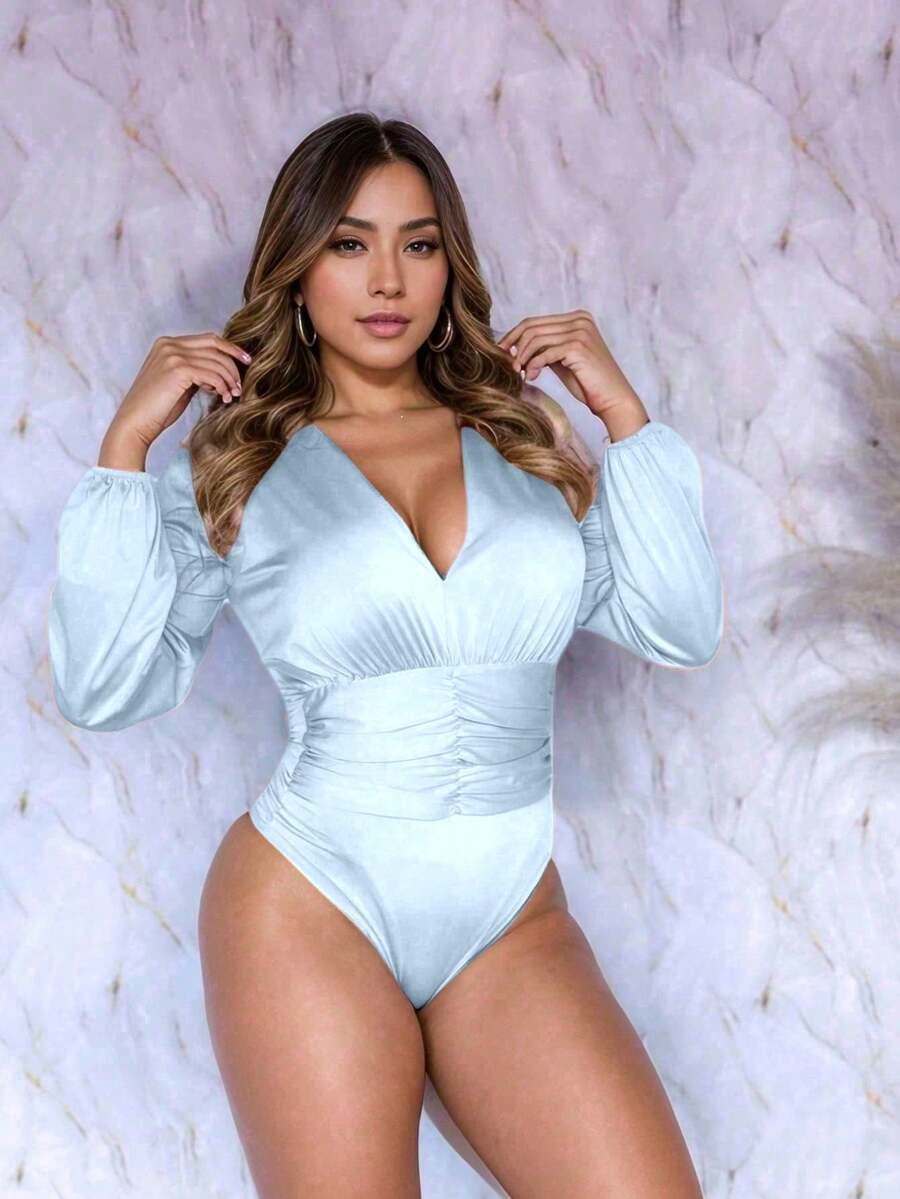Long Sleeve Bodysuit With Abdomen Detail - Baby Blue - View 1