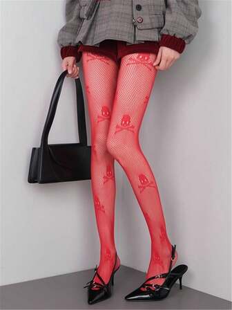 1pc Red Skeleton Mesh Stockings, Sexy Tights For Women, High Elasticity Skinny Hollow Out Jacquard Slimming Pantyhose