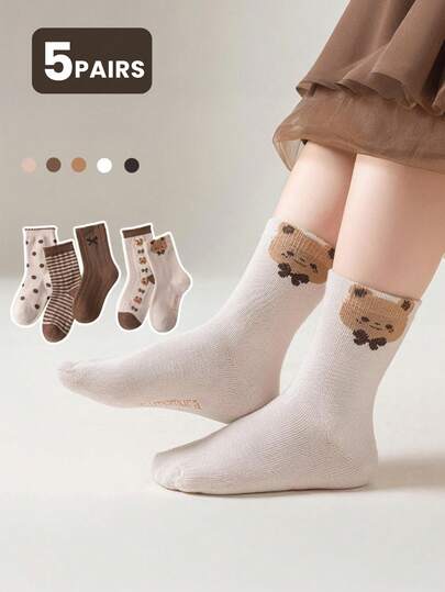 5 Pairs Kids Bow & Bear Princess Mid-Calf Socks