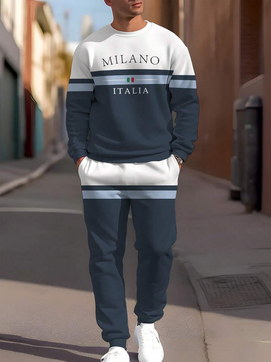 男士休闲条纹印花卫衣和运动裤套装(2件套),“MILANO”字母印花涤纶运动服 - 彩色 - 查看 1