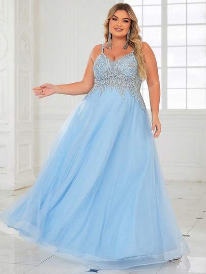 Glittrande himmelsblå spetsbalklänningar plusstorlek långa homecoming-festklänningar snörning baktill a-linje tyll formell aftonklänning för kvinnor, för alla hjärtans dag